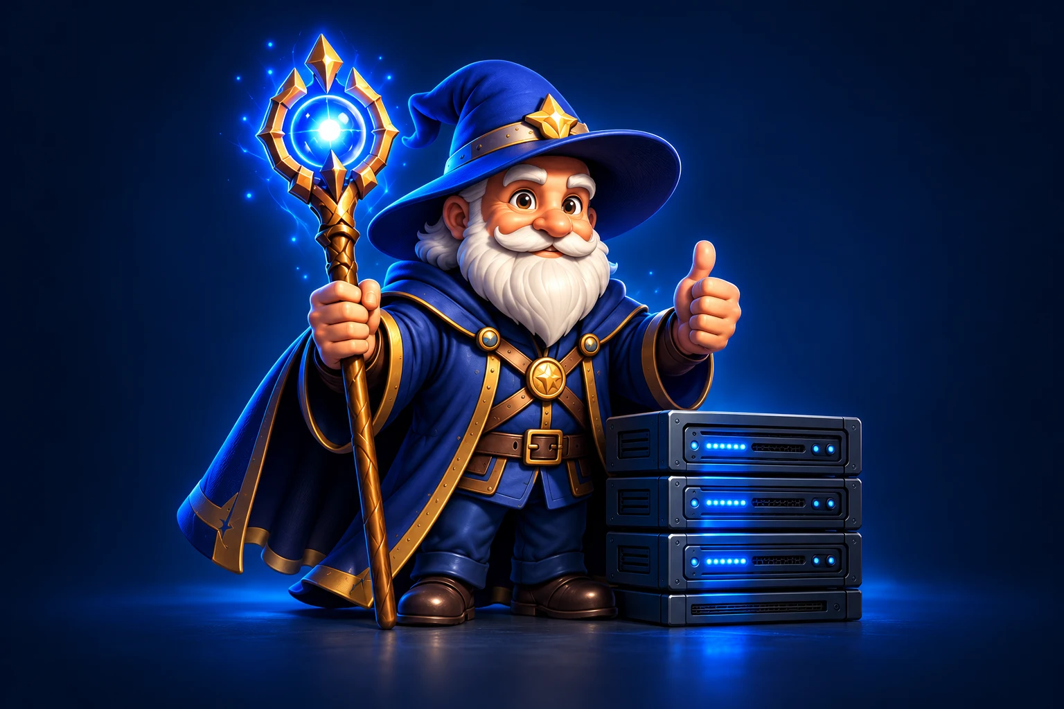 A friendly white-bearded Tech Mage in a blue pointed hat and gold-trimmed robes, holding a glowing staff and giving a thumbs up beside a home server.